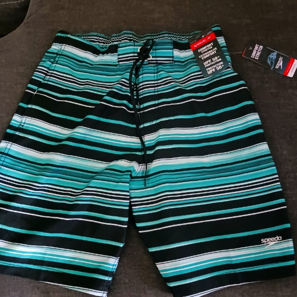 Men's black/white/ green striped Speedo swim trunks, size M